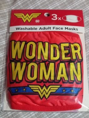 DC Wonder Woman Red Face Masks with Yellow Logo and Blue Accents